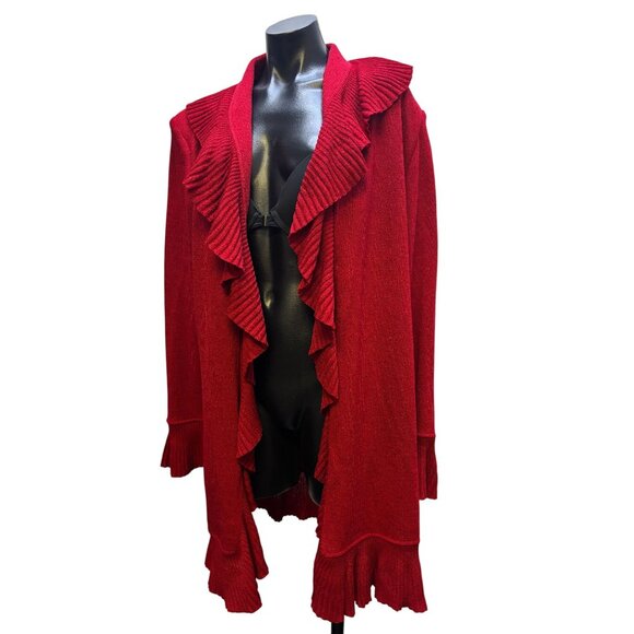 NWOT St. John Red Wool Ruffle Cardigan Long Sleeve Size 12 - Picture 5 of 10